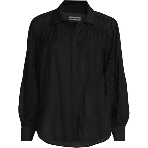 Long Sleeve Voile and Lace Shirred Shirt, Women, size: M, regular, Black, Cotton-blend/Rayon-blend, by Lands' End