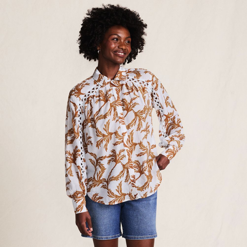 Women's Voile Shirred Trim Insert Shirt | Lands' End