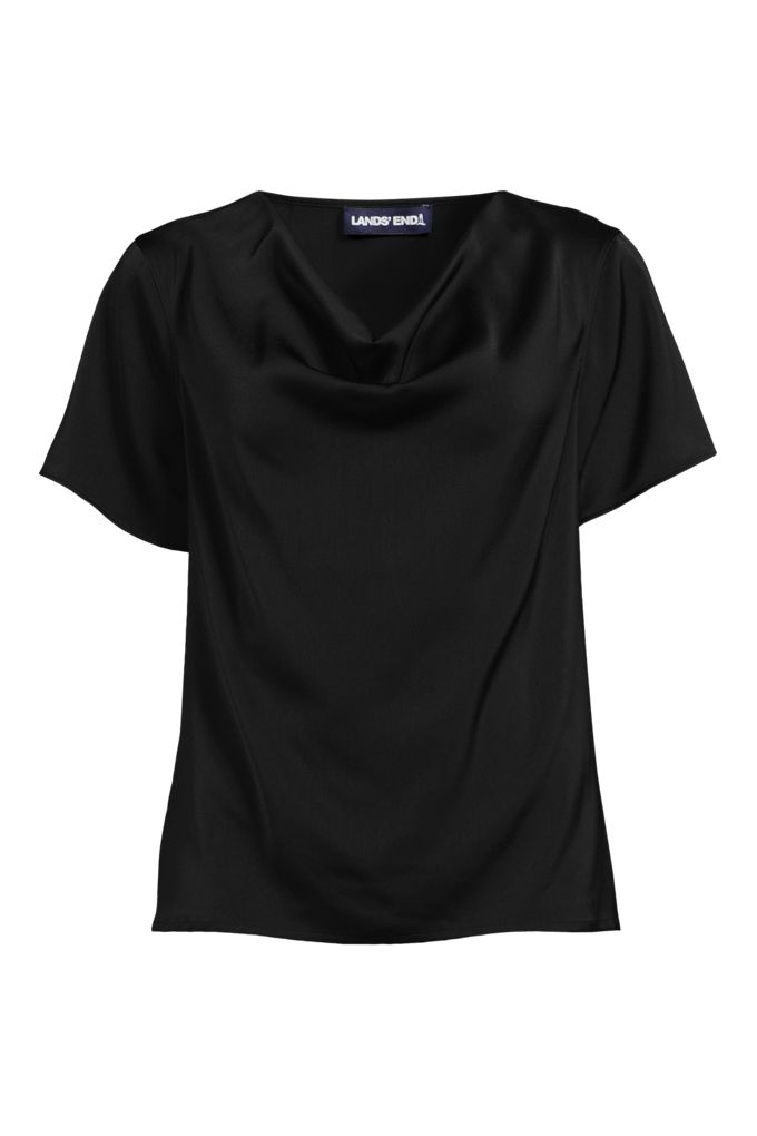 Women's Charmeuse Short Sleeve Cowl Neck Top - Lands' End - Black - L