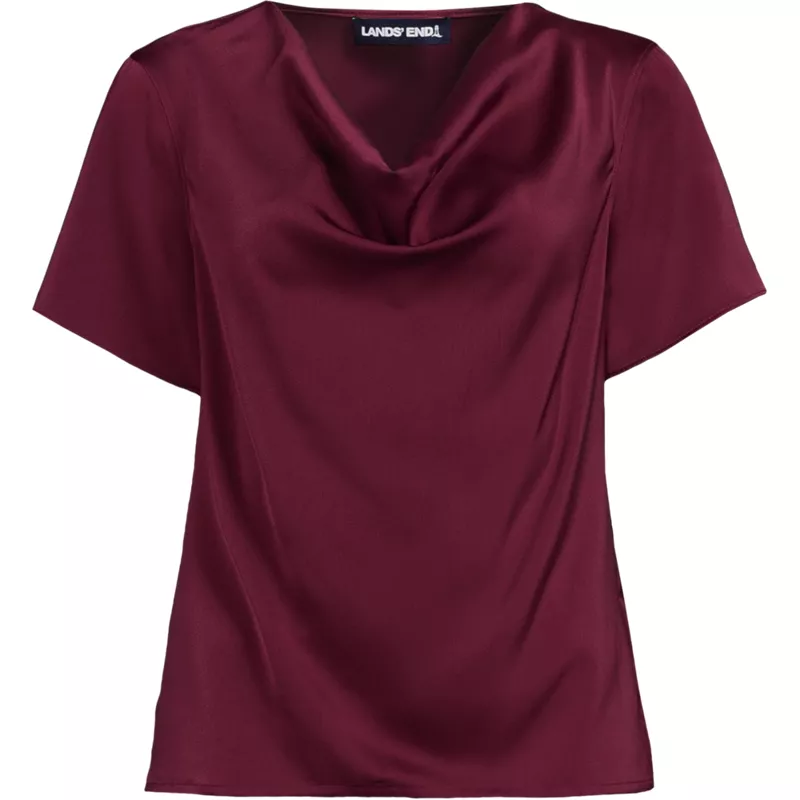 Women's Petite Charmeuse Short Sleeve Cowl Neck Top, Front