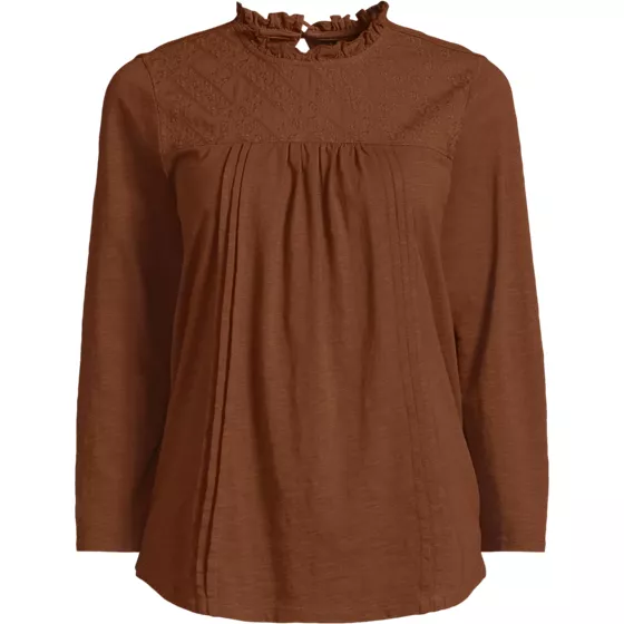 Women's 3/4 Sleeve Cotton Slub Lace Trim Top - primary