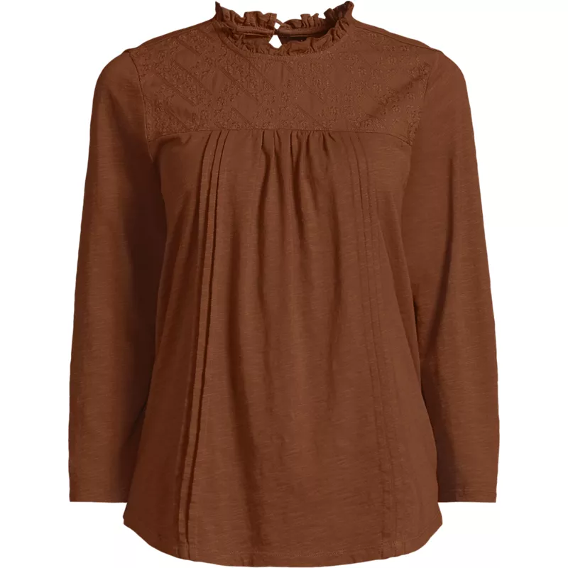 Women's 3/4 Sleeve Cotton Slub Lace Trim Top, Front