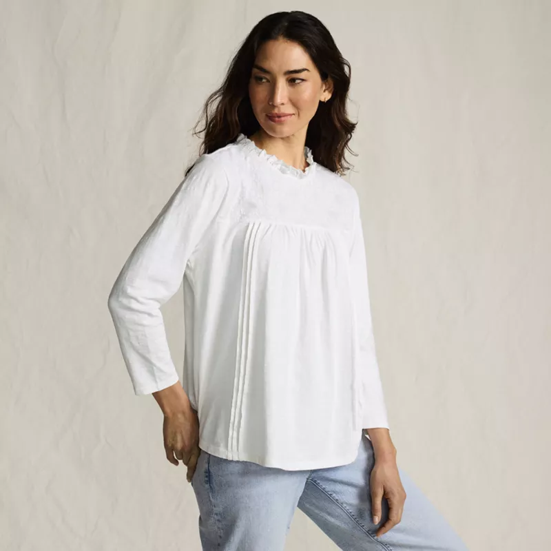Women's 3/4 Sleeve Cotton Slub Lace Trim Top, alternative image