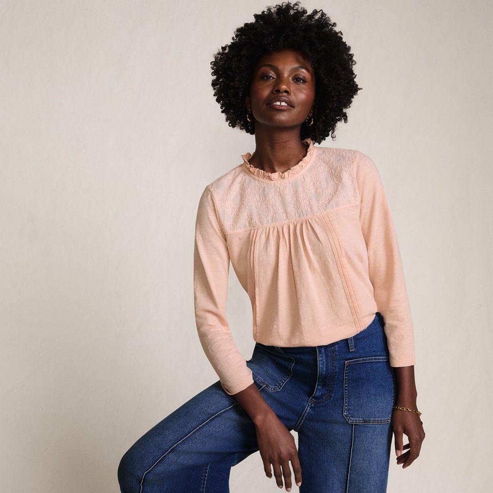 Women's 3/4 Sleeve Cotton Slub Lace Trim Top | Lands' End