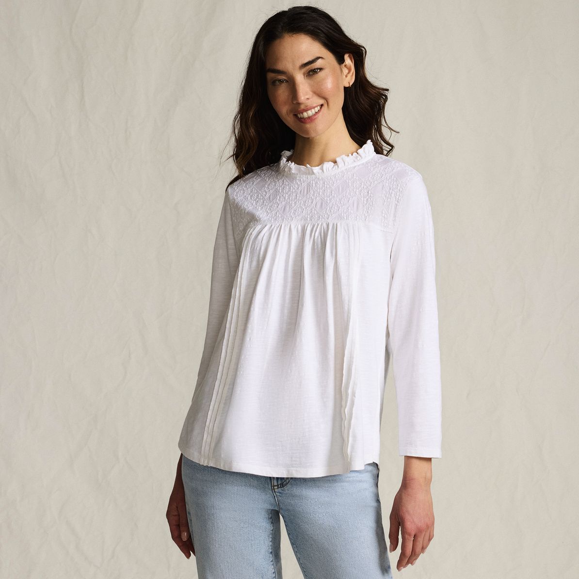 Women's 3/4 Sleeve Cotton Slub Lace Trim Top