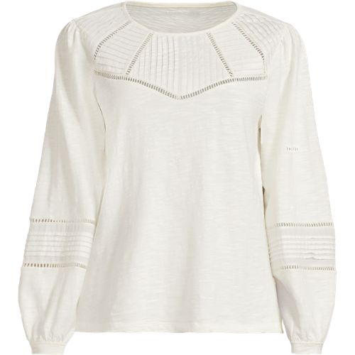 Long Sleeve Slub Cotton Pintuck Top, Women, size: 1X, plus, Ivory, Cotton, by Lands' End
