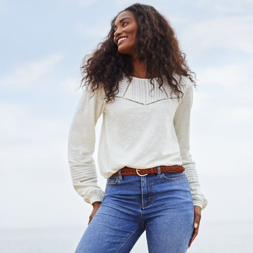 Women's Lightweight Jersey Button Pintuck Top
