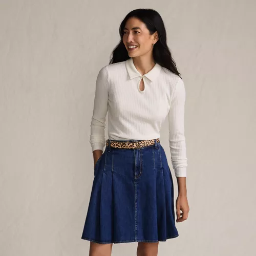 Women's Lightweight Denim Mid Rise Pleated Above the Knee Skirt, alternative image