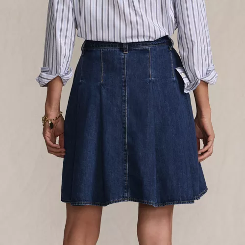Women's Lightweight Denim Mid Rise Pleated Above the Knee Skirt, Back