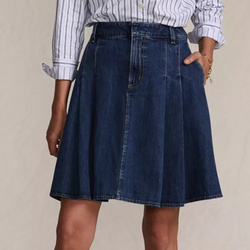 Women's Lightweight Denim Mid Rise Pleated Above the Knee Skirt, Front