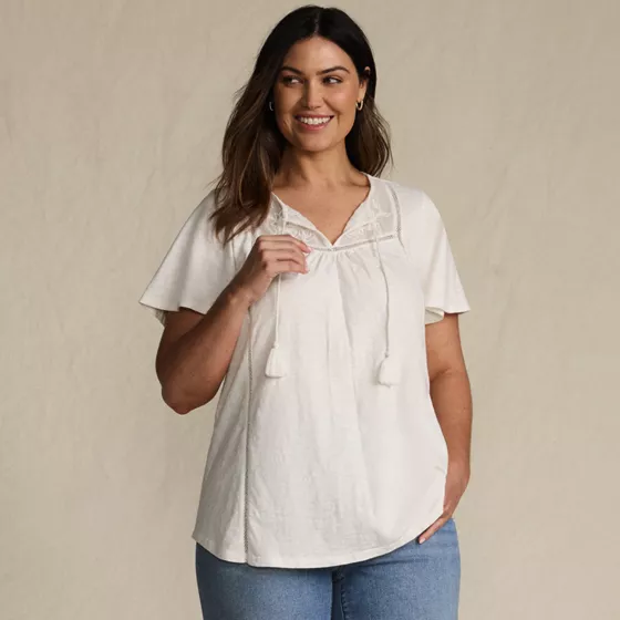 Women's Plus Size Slub Flutter Sleeve Lace Trim Notch Neck Tunic Top - primary