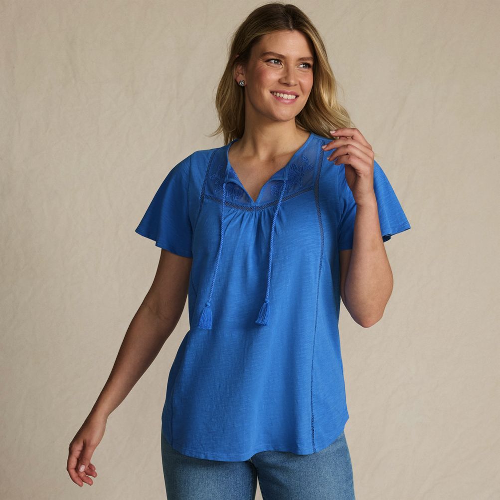 Women's Slub Flutter Sleeve Lace Trim Notch Neck Tunic Top | Lands