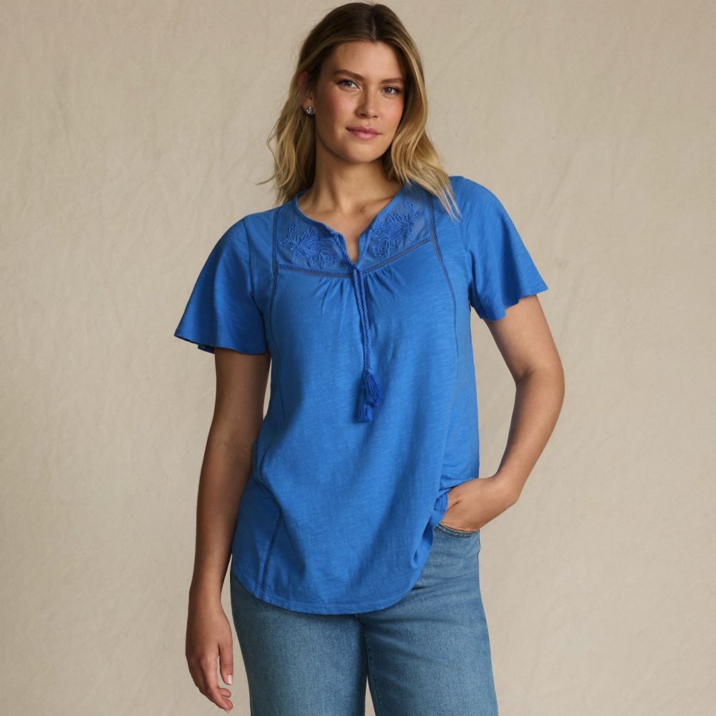 Women's Slub Flutter Sleeve Lace Trim Notch Neck Tunic Top | Lands
