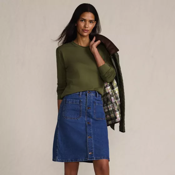 Women's Soft Denim Mid Rise Button Through Above the Knee Skirt - primary