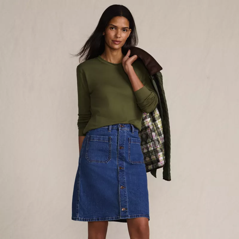 Women's Soft Denim Mid Rise Button Through Above the Knee Skirt, alternative image