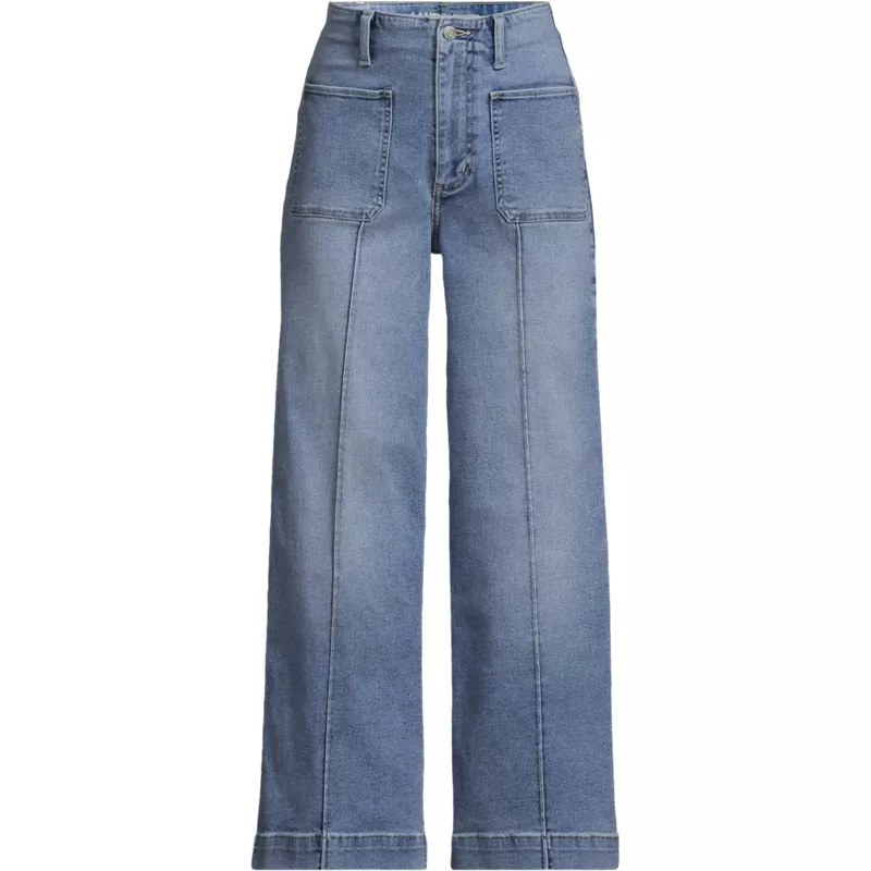 Women's Plus Size Denim High Rise Patch Pocket Extra Wide Leg Crop Jeans, Front