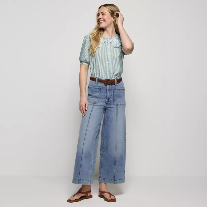 Women's Denim High Rise Patch Pocket Extra Wide Leg Crop Jeans, alternative image