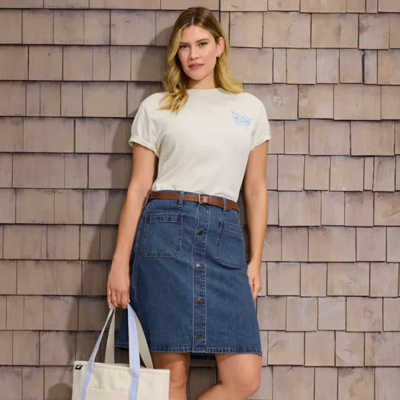Women's Plus Size Soft Denim Mid Rise Button Through Above the Knee Skirt - primary