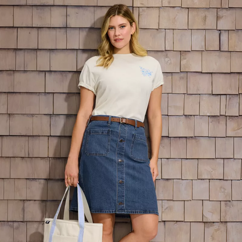 Women's Plus Size Soft Denim Mid Rise Button Through Above the Knee Skirt, alternative image