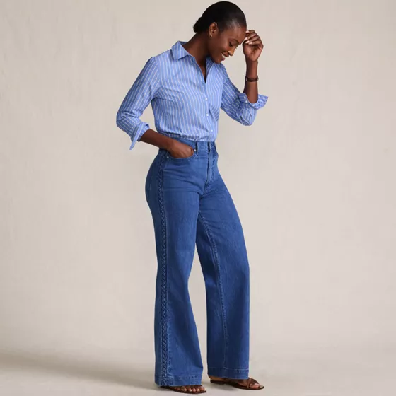 Women's Soft Denim High Rise Wide Leg Braided Jeans - primary