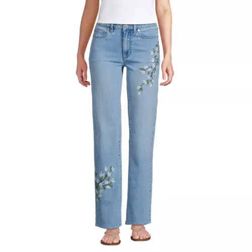 Women's Soft Denim Mid Rise Relaxed Straight Leg Embroidered Jeans, Front
