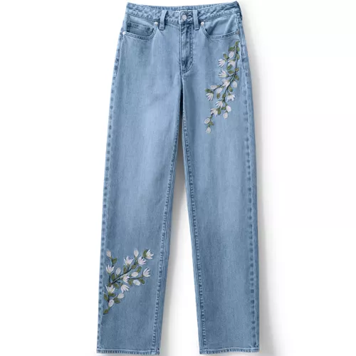 Women's Soft Denim Mid Rise Relaxed Straight Leg Embroidered Jeans, alternative image