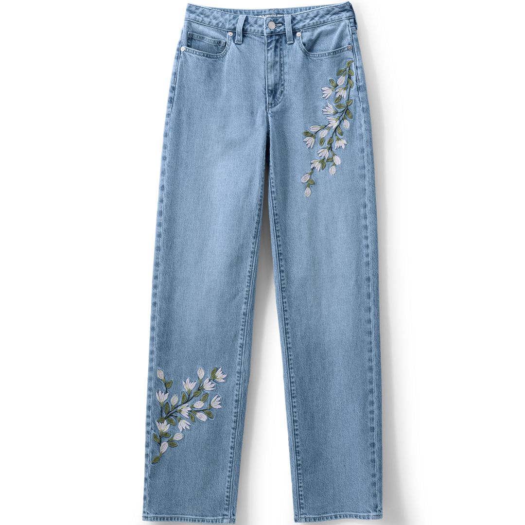 Women's Soft Denim Mid Rise Relaxed Straight Leg Embroidered Jeans