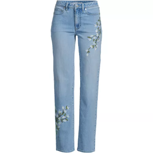 Women's Soft Denim Mid Rise Relaxed Straight Leg Embroidered Jeans, Front