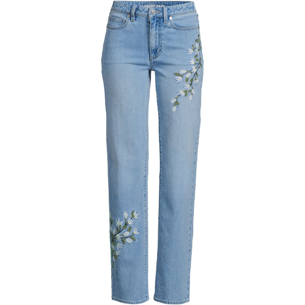 Women's Soft Denim Mid Rise Relaxed Straight Leg Embroidered Jeans