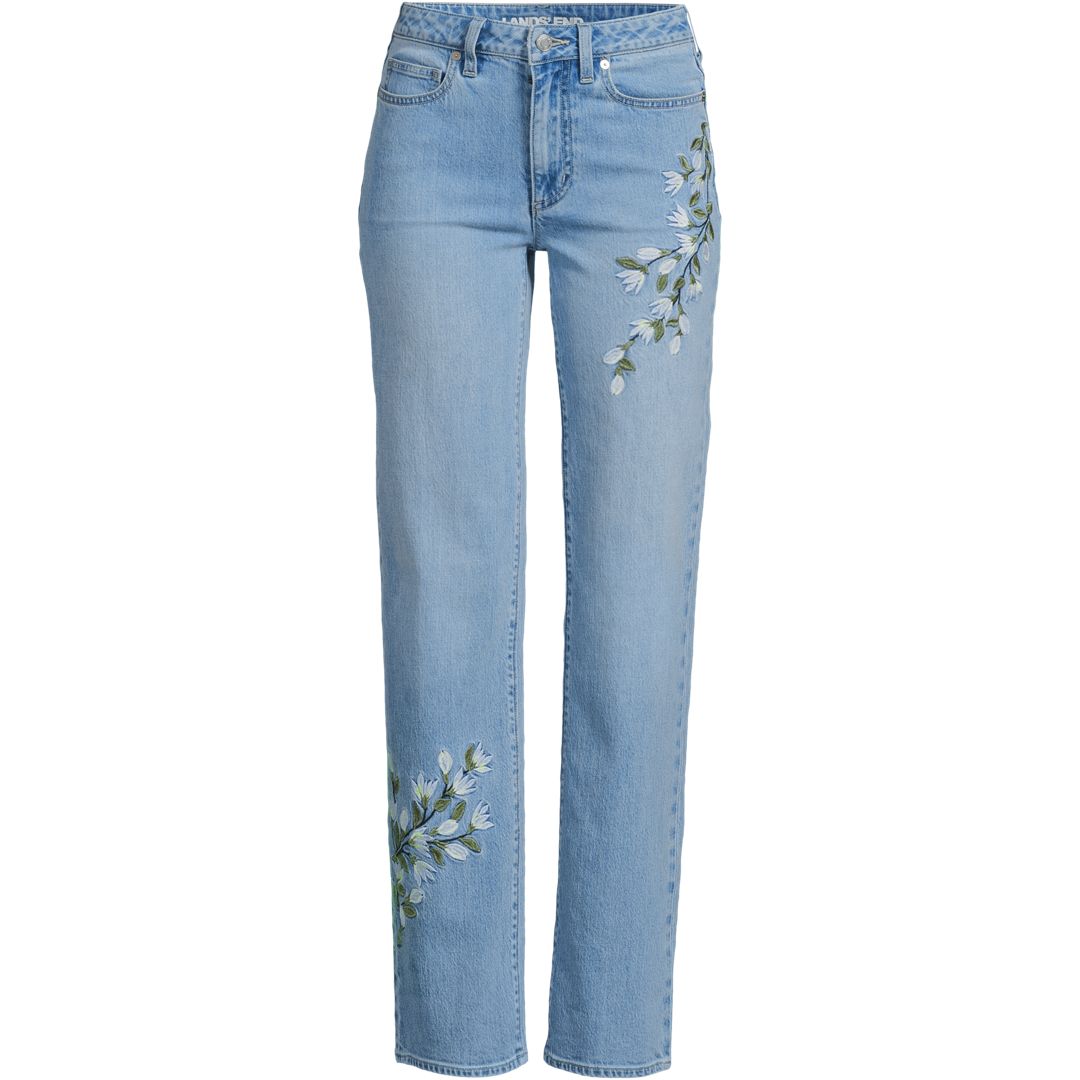 Women's Soft Denim Mid Rise Relaxed Straight Leg Embroidered Jeans