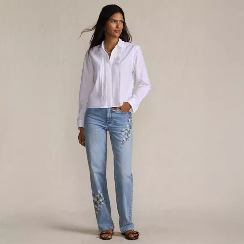 Women's Soft Denim Mid Rise Relaxed Straight Leg Embroidered Jeans, alternative image