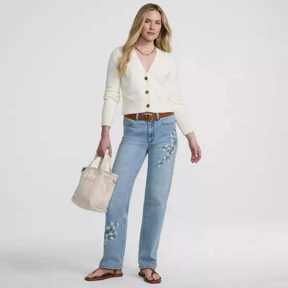 Women's Soft Denim Mid Rise Relaxed Straight Leg Embroidered Jeans - primary