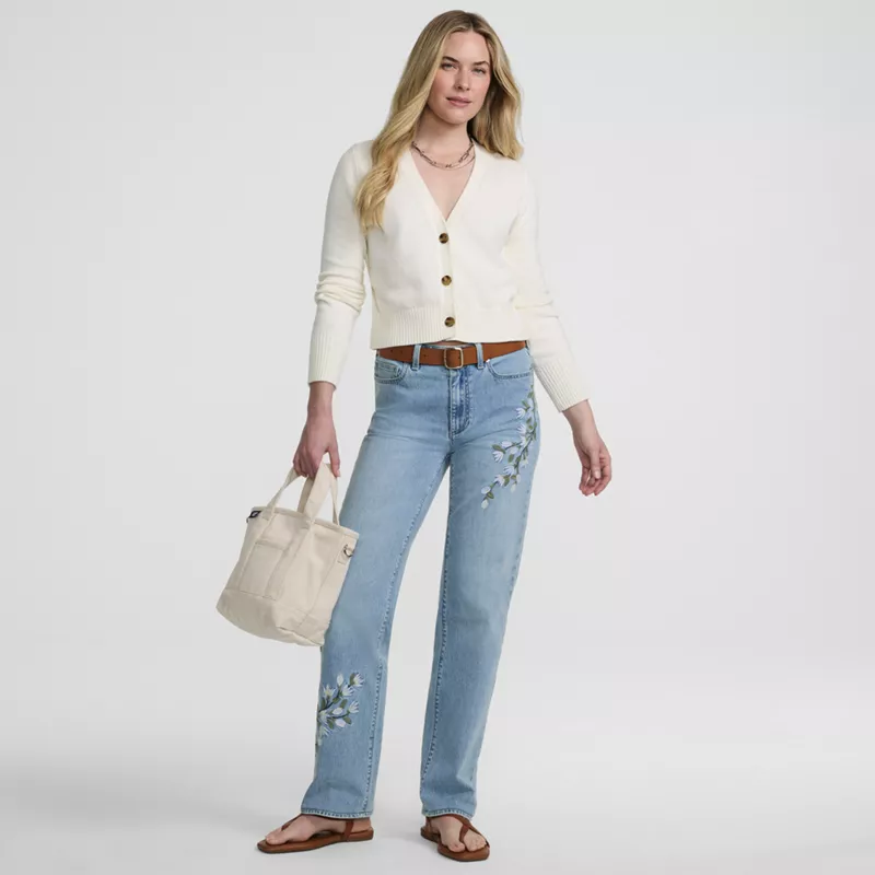 Women's Soft Denim Mid Rise Relaxed Straight Leg Embroidered Jeans, alternative image