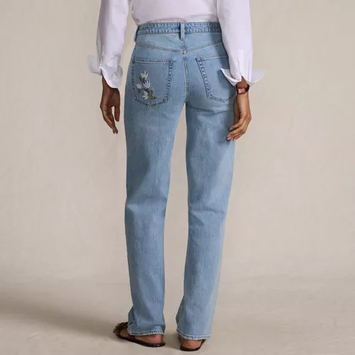 Women's Soft Denim Mid Rise Relaxed Straight Leg Embroidered Jeans, Back