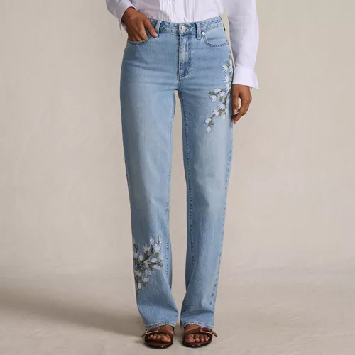Women's Soft Denim Mid Rise Relaxed Straight Leg Embroidered Jeans, Front