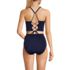 Women's Laser Cut Embroidered High Neck Lace Up Back Midkini Top, Back