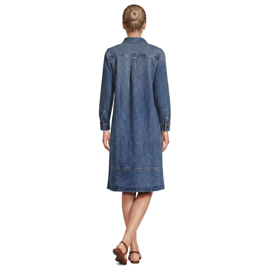 Women's Soft Denim Popover Long Sleeve Shirt Dress view 5