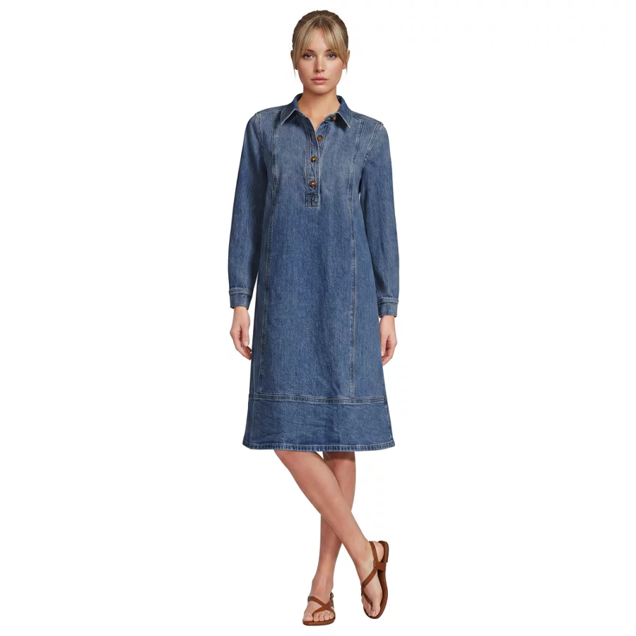 Women's Soft Denim Popover Long Sleeve Shirt Dress view 6