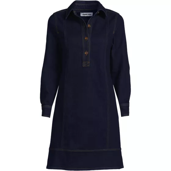 Women's Soft Denim Popover Long Sleeve Shirt Dress - primary