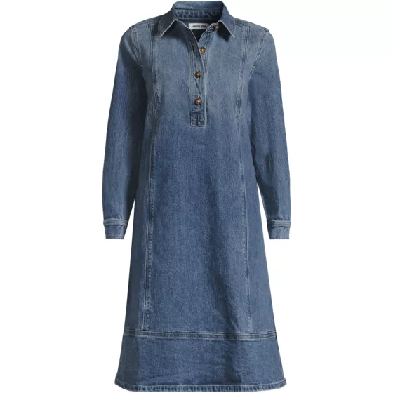 Women's Plus Size Soft Denim Popover Long Sleeve Shirt Dress - primary