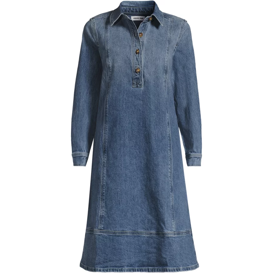 Women's Soft Denim Popover Long Sleeve Shirt Dress view 7
