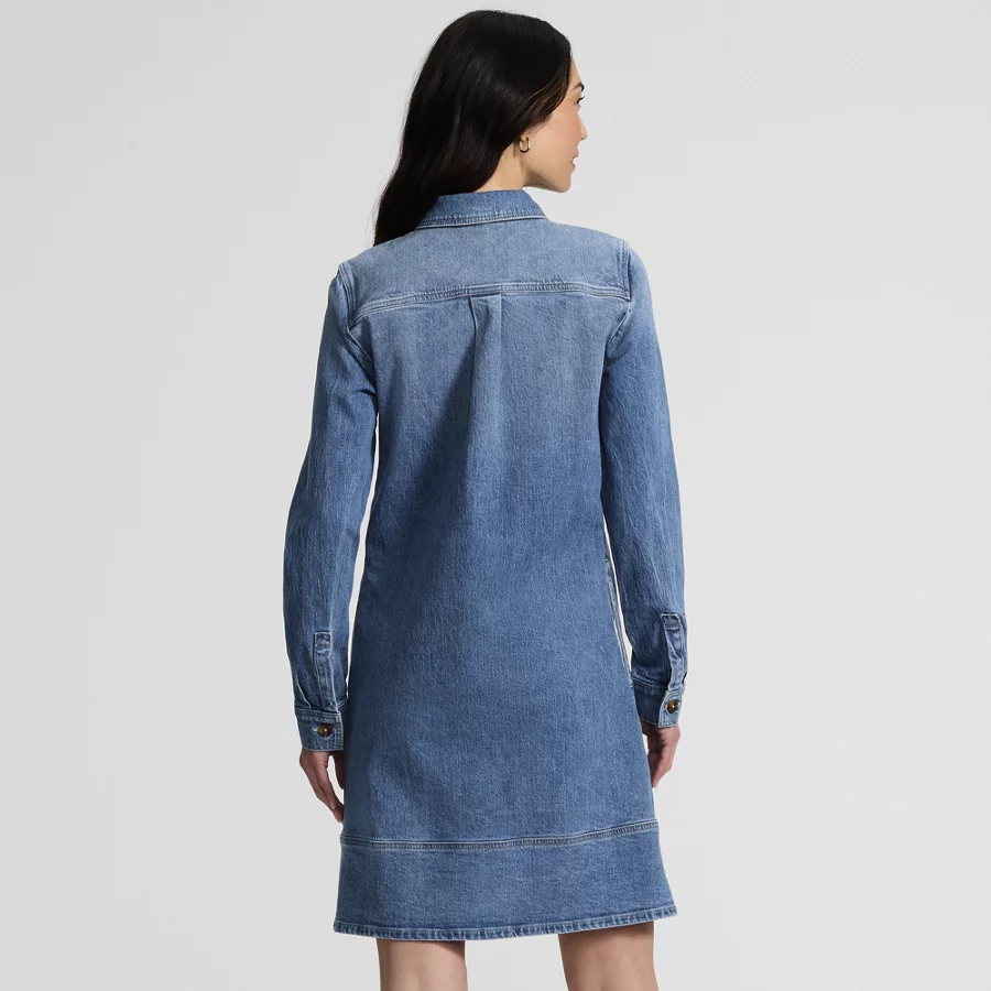 Women's Soft Denim Popover Long Sleeve Shirt Dress view 2