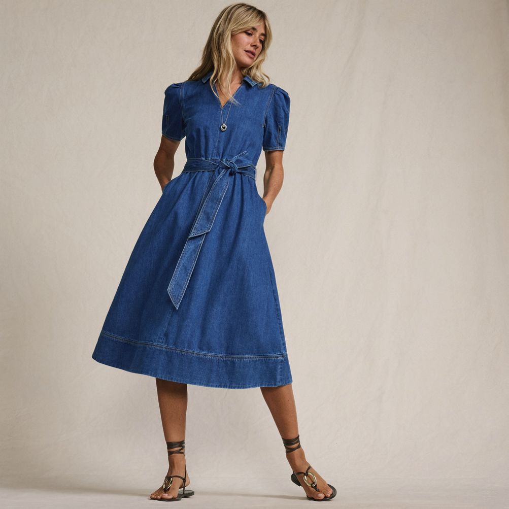 【美品】herliptoPuff Sleeve Midi Dress Denim OfflineInc6656bfc722cb50428221