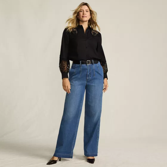 Women's Petite Soft Denim High Rise Wide Leg Top Stitch Trousers - primary