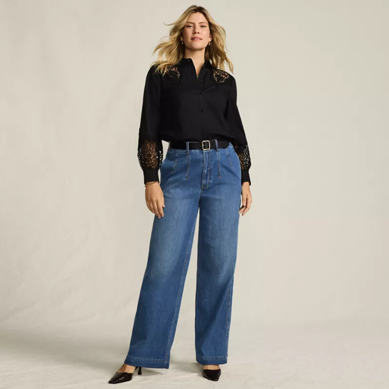 Women's Soft Denim High Rise Wide Leg Top Stitch Trousers, alternative image