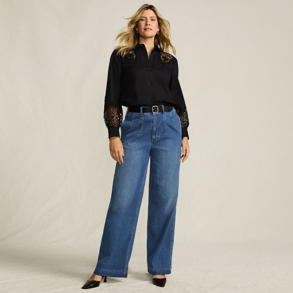 Women's Soft Denim High Rise Wide Leg Top Stitch Trousers | Lands' End
