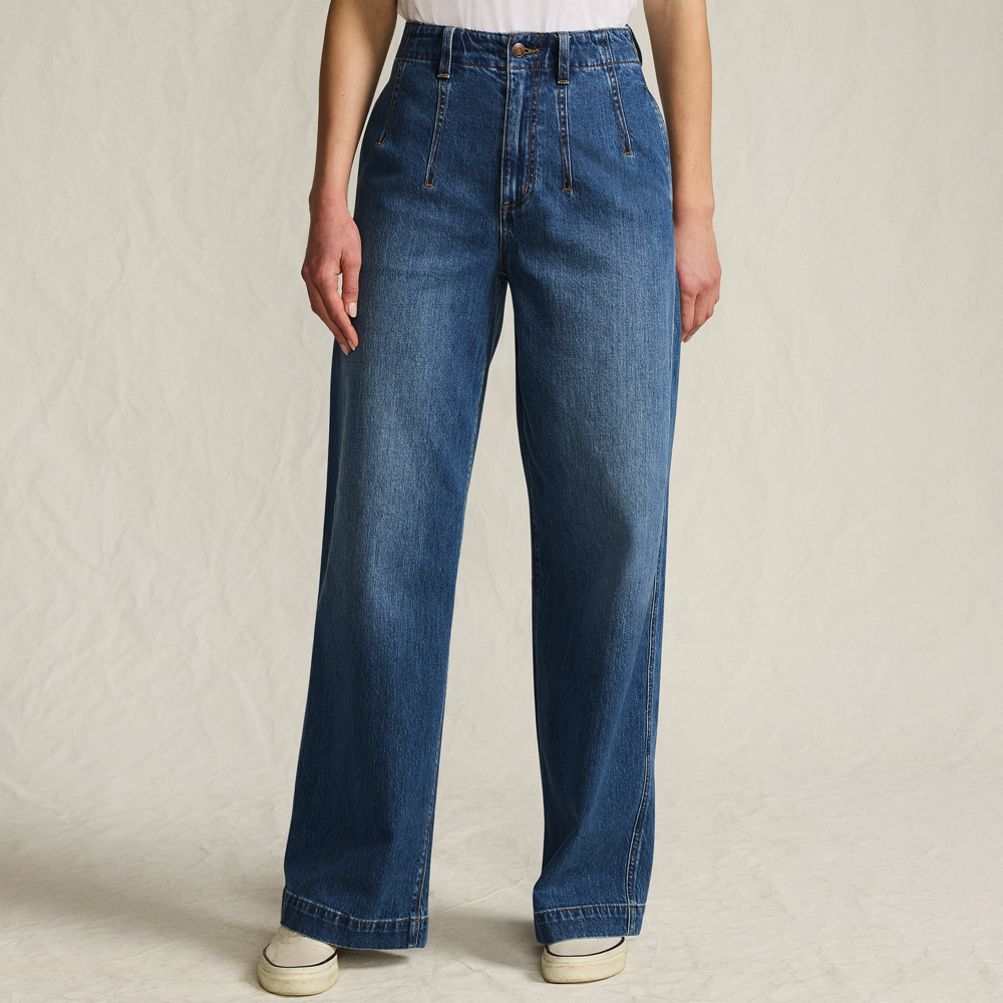 Women's Soft Denim High Rise Wide Leg Top Stitch Trousers