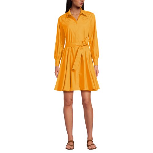 Women's Embroidered Poplin Button Front Dress with Godets, Front