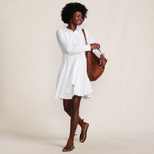 Women's Embroidered Poplin Button Front Dress with Godets