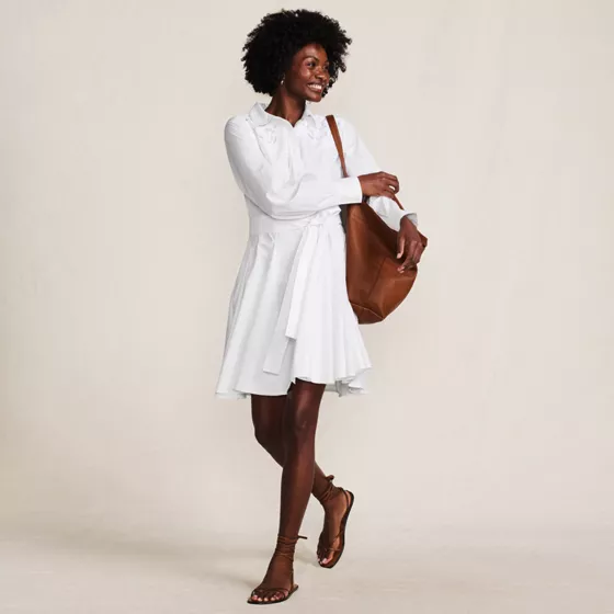 Women's Embroidered Poplin Button Front Dress with Godets - primary